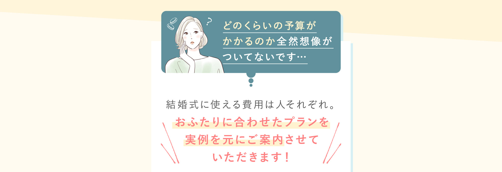 結婚式に使える費用は人それぞれ。おふたりに合わせたプランを実例を元にご案内させていただきます！