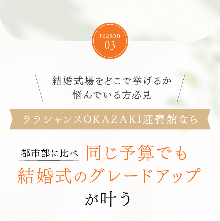 reason03 結婚式会場をどこで挙げるか悩んでいる方必見ララシャンス岡崎なら都市部に比べ同じ予算でも結婚式のグレードアップが叶う
