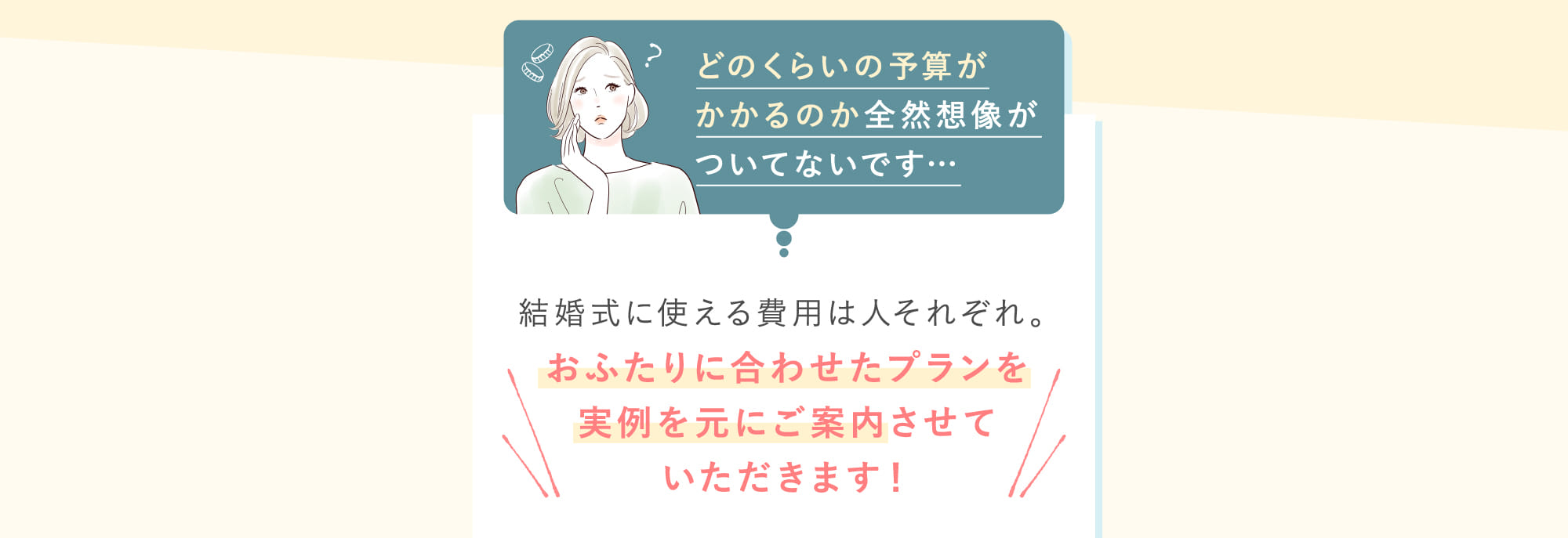結婚式に使える費用は人それぞれ。おふたりに合わせたプランを実例を元にご案内させていただきます！