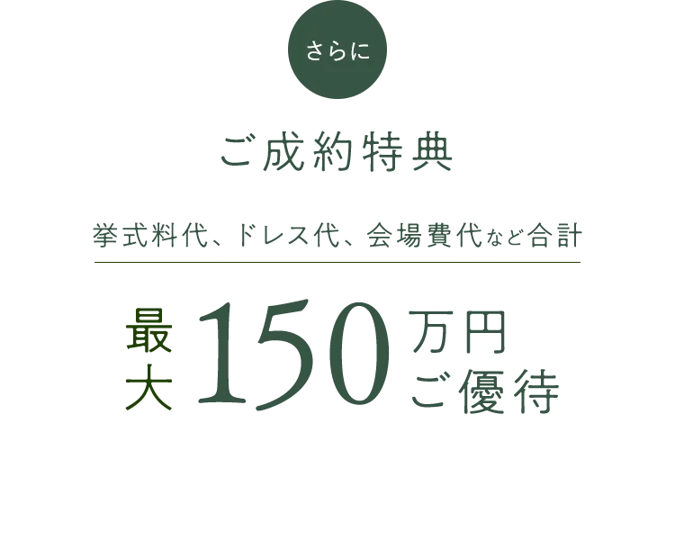 さらにご製薬特典　挙式代、ドレス代、会場費代など合計最大150万円ご優待。