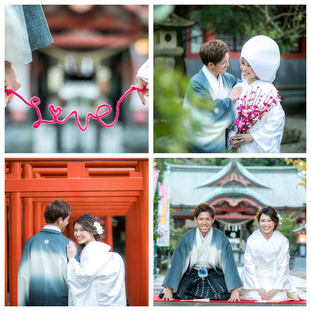 白無垢姿で宮崎八幡宮での前撮り撮影。やはり日本の和の中で撮影をするのは、一生お二人そしてご家族様の心に残り続けますね。