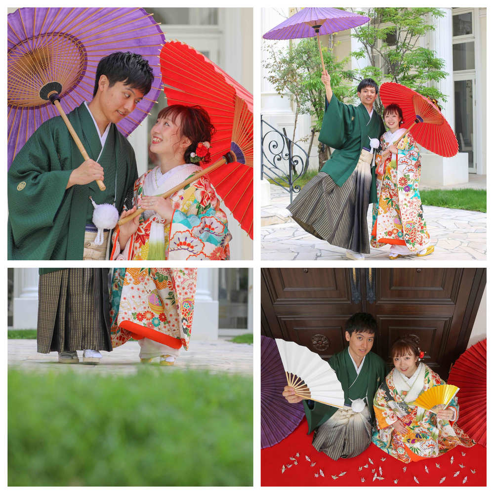 色打掛と紋付袴が本当によくお似合いのお二人！番傘や扇子を使って「和」の雰囲気で撮影しました