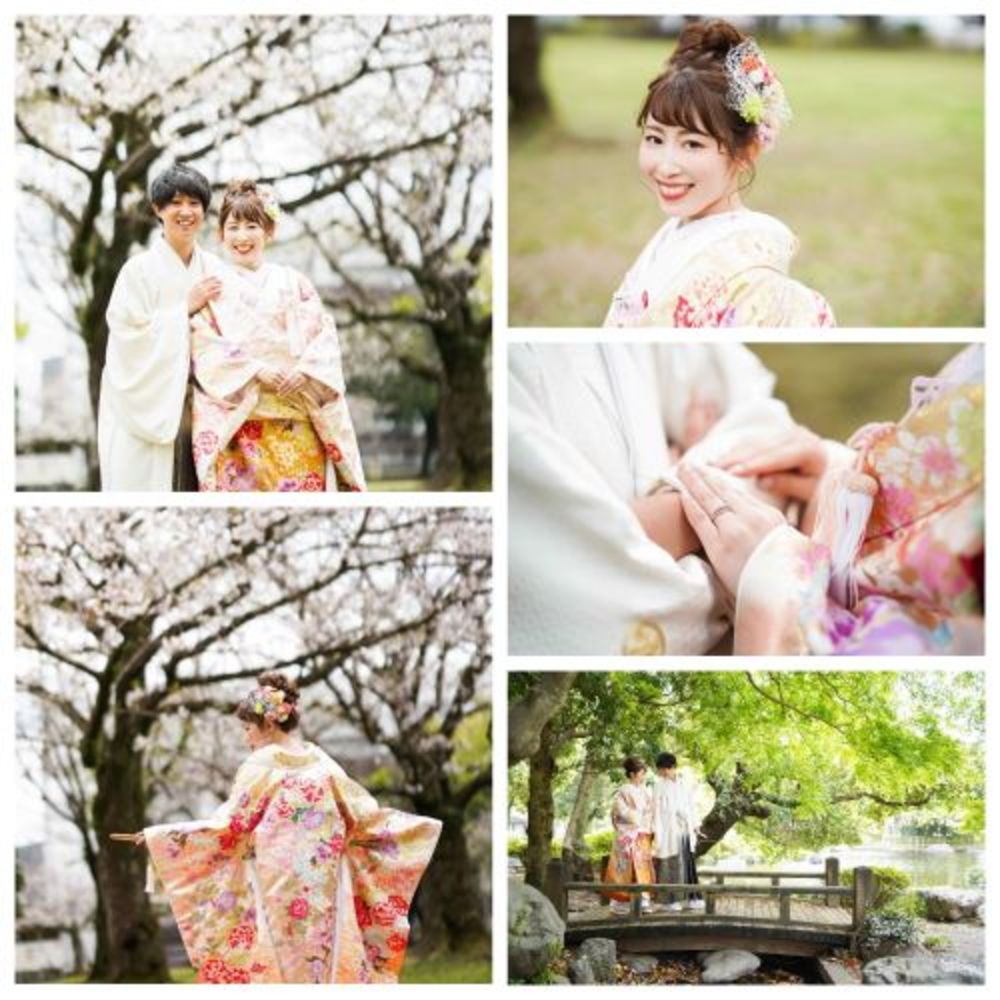 桜の中、和装での前撮り。春先で少し寒かったですがとっても綺麗でした。