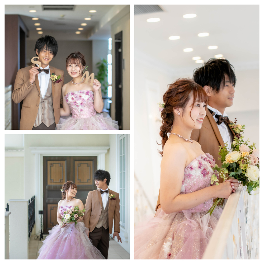 カラードレスはピンクのドレス☆タキシードはブラウンのタキシード☆とってもお二人お似合いでした！